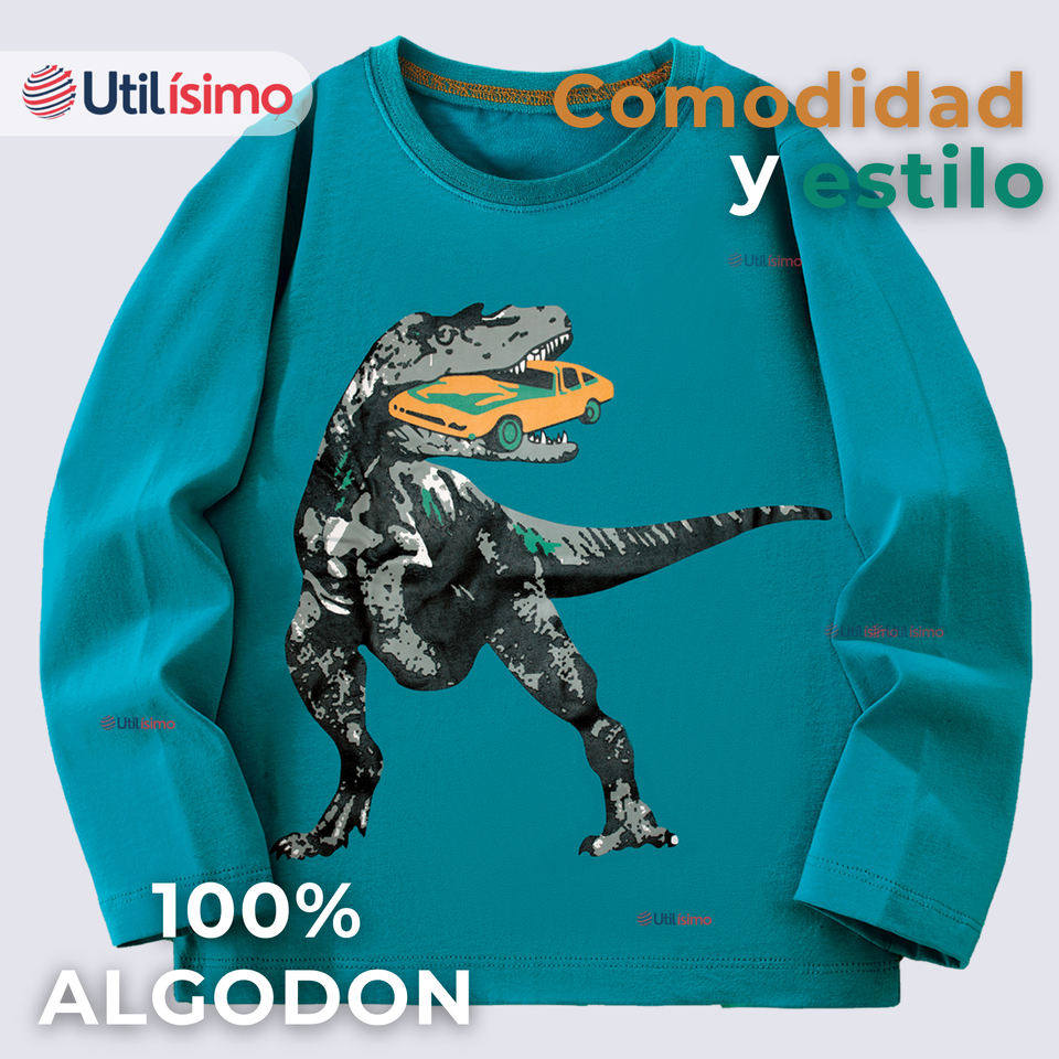 Polera Manga Larga Niño 100% Algodón Dinosaurio Verde Camiseta