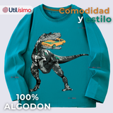 Polera Manga Larga Niño 100% Algodón Dinosaurio Verde Camiseta