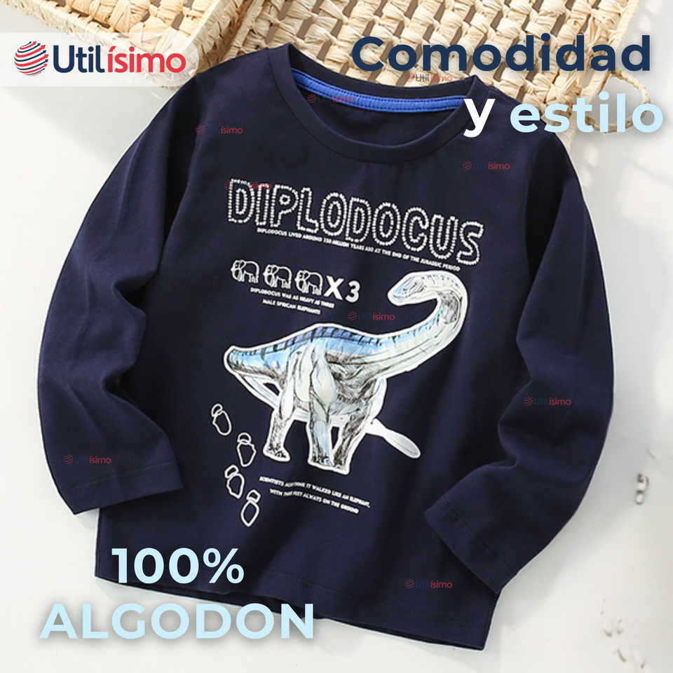 Polera Manga Larga Niño 100% Algodón Dinosaurio Azul Camiseta
