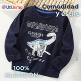 Polera Manga Larga Niño 100% Algodón Dinosaurio Azul Camiseta