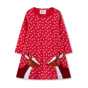 Vestido de Algodón Navidad Manga Larga Niña 2 a 7 años Renos Rojos