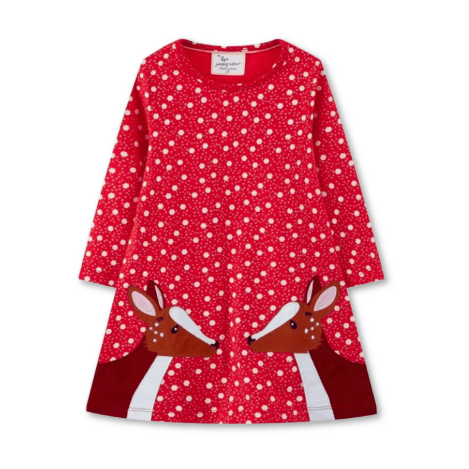 Vestido de Algodón Navidad Manga Larga Niña 2 a 7 años Renos Rojos