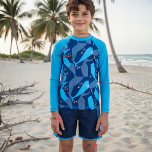 Traje de Baño Manga Larga Pantalón Corto 2 Piezas Corte Split Niño 3 a 9 años Blue