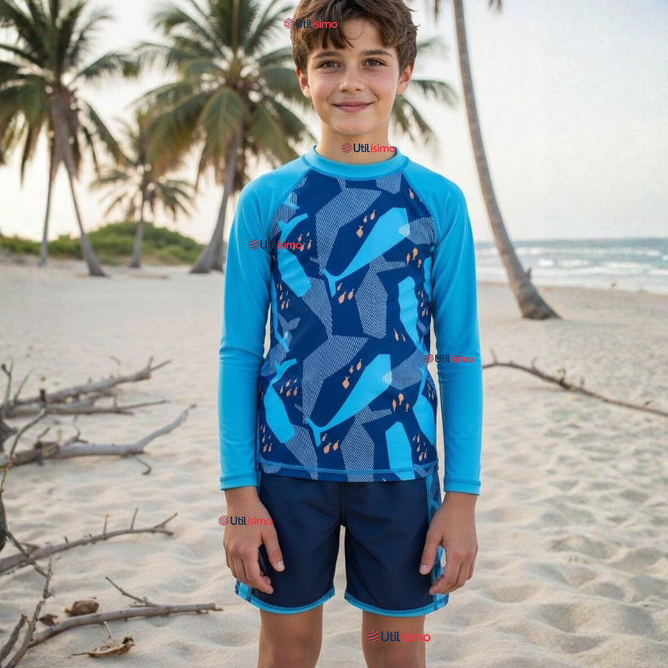 Traje de Baño Manga Larga Pantalón Corto 2 Piezas Corte Split Niño 3 a 9 años Blue