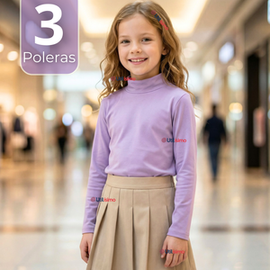 Pack 3 Poleras Camisetas Bambú Lilas Cuello Beatle Primera Capa  Manga Larga Niña