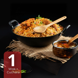 Wok Chino Acero Inoxidable Antiadherente 34cm+ Cuchara de Madera de Bambú