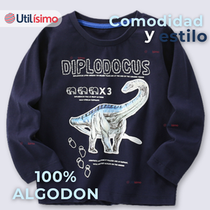 Polera Manga Larga Niño 100% Algodón Dinosaurio Azul Camiseta