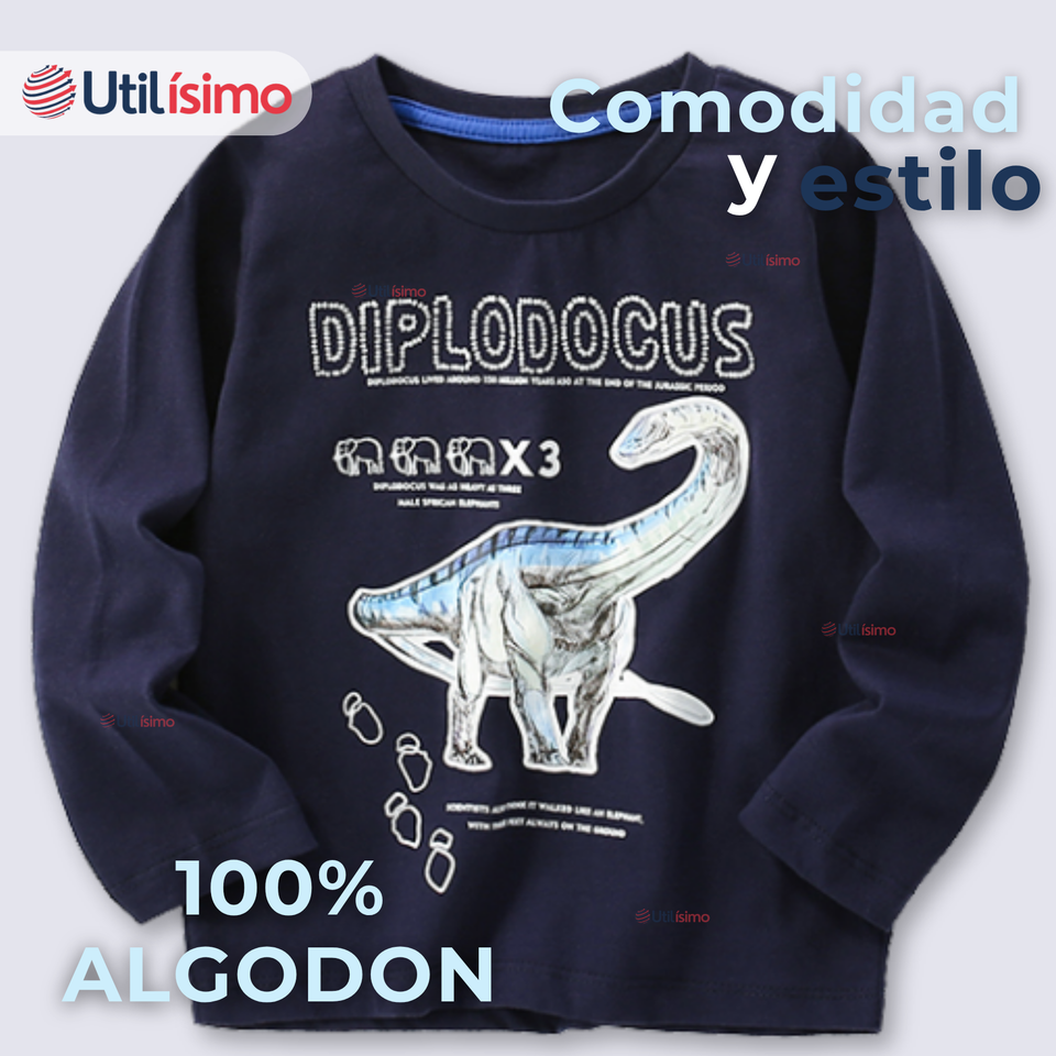 Polera Manga Larga Niño 100% Algodón Dinosaurio Azul Camiseta