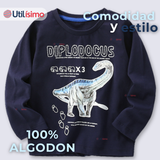 Polera Manga Larga Niño 100% Algodón Dinosaurio Azul Camiseta