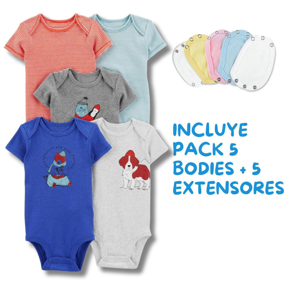 Pack 5 Unidades Extensor Body Bebé +Pack 5 Bodys Manga Corta Algodón Niño Perro Azul
