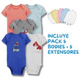 Pack 5 Unidades Extensor Body Bebé +Pack 5 Bodys Manga Corta Algodón Niño Perro Azul