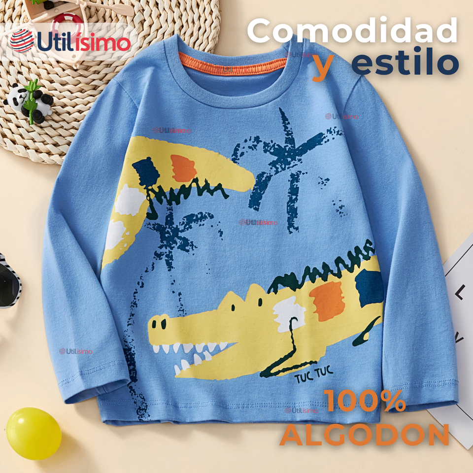 Polera Manga Larga Niño 100% Algodón Cocodrilo Azul Camiseta