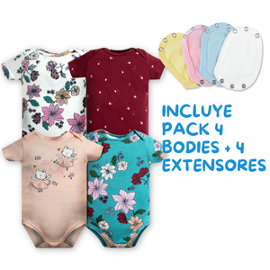 Pack 4 Unidades Extensor Body Bebé +Pack 4 Bodys Algodón Niña Manga Corta Bailarina