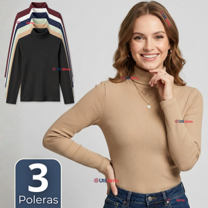 Pack 3 Camisetas Poleras Polar Primera Capa Acanalada Cuello Beatle Manga Larga Colores Surtidos Mujer