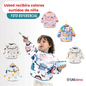 Pack 3 Babero Delantal Impermeable Premium Con Mangas Larga Para Bebe Y Niña