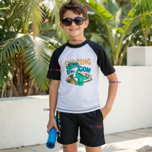 Traje de Baño Manga Corta Pantalón Corto 2 Piezas Corte Split Niño 3 a 9 años Black Dinosaur