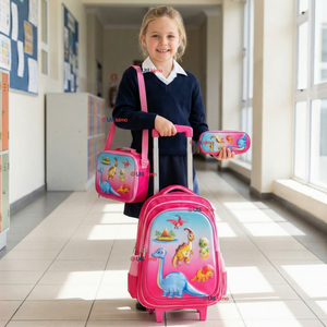 Mochila Escolar Con Ruedas + Estuche + Lonchera 46cm Desmontable Poliéster Rosa Dinosaurio Niña