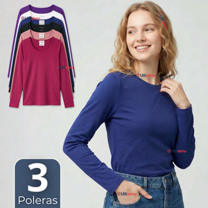 Pack 3 Camisetas Poleras Polar Primera Capa Manga Larga Colores Surtidos Mujer