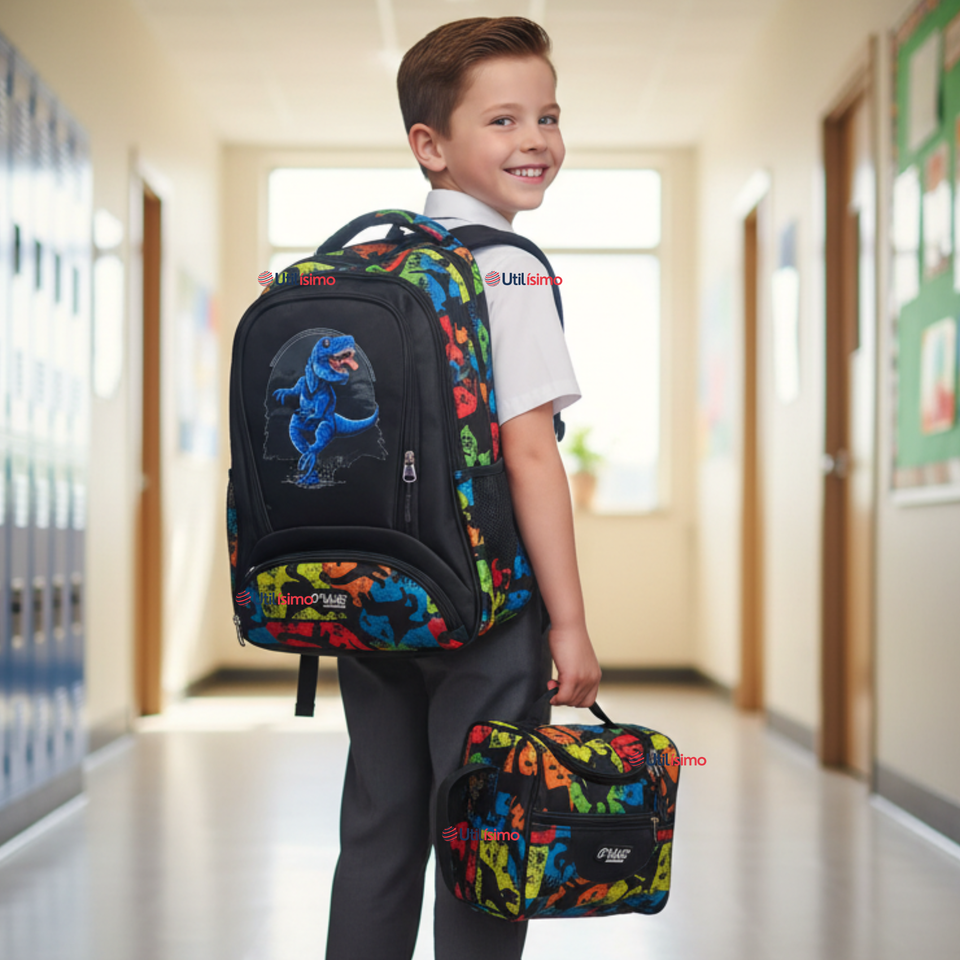 Mochila Escolar Kit Con Estuche y Lonchera 43cm Tela Oxford Dino Niño