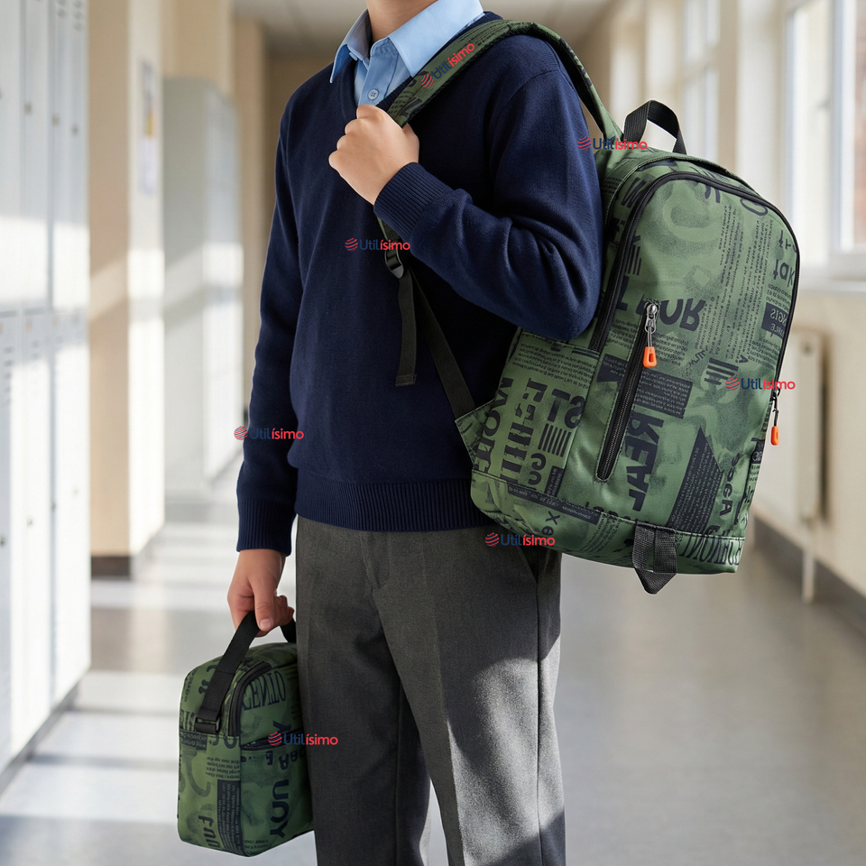 Mochila Escolar + Estuche + Lonchera 49cm Tela Oxford Verde Militar Niño