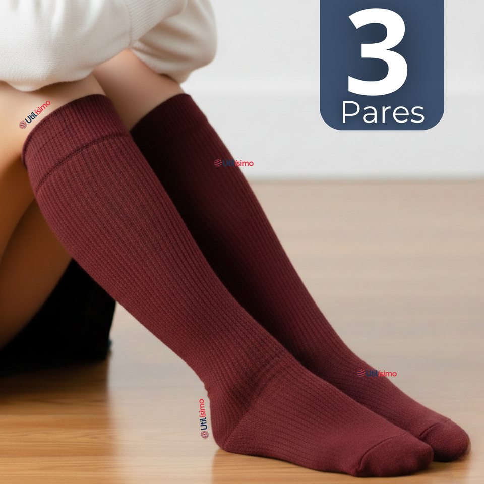 Pack 3 Calcetínes Escolares Largo Acrílico Burdeo Niñas Juvenil Color Vino