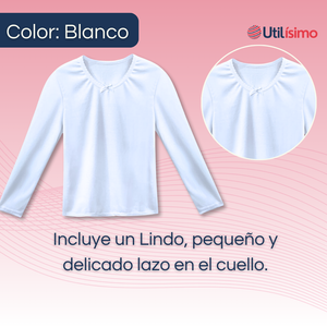 Pack 6 Camisetas Algodón Manga Larga Polera Niña Primera Capa Cuello Redondo Blanca