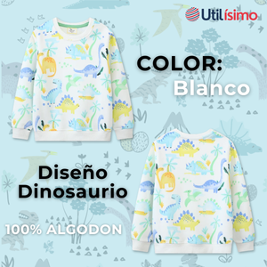 Polerón Algodón Cuello Redondo Niño Blanco Dinosaurio