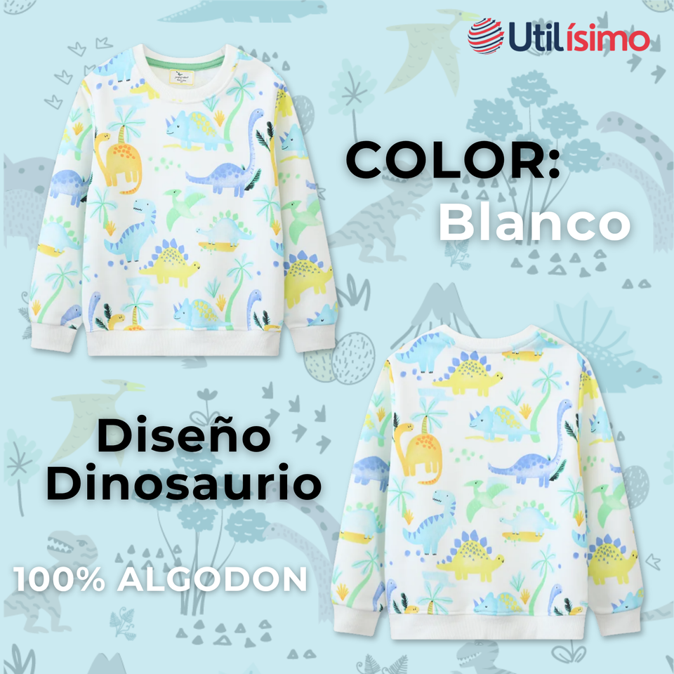 Polerón Algodón Cuello Redondo Niño Blanco Dinosaurio
