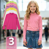 Pack 3 Poleras Camisetas Polar Primera Capa Cuello Beatle Manga Larga Colores Surtido Niña