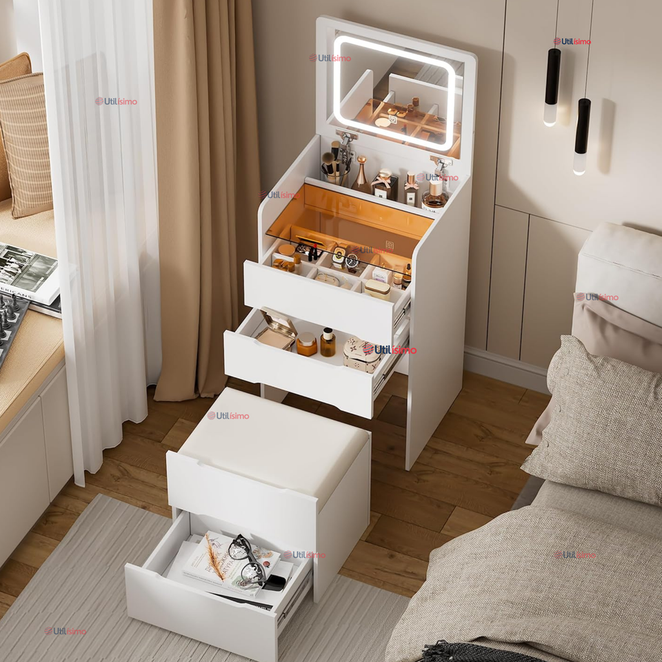 Tocador De Lujo Plegable Con Taburete Y Espejo De luz Ajustable 4 Cajones MDF Blanco  80x40x40cm