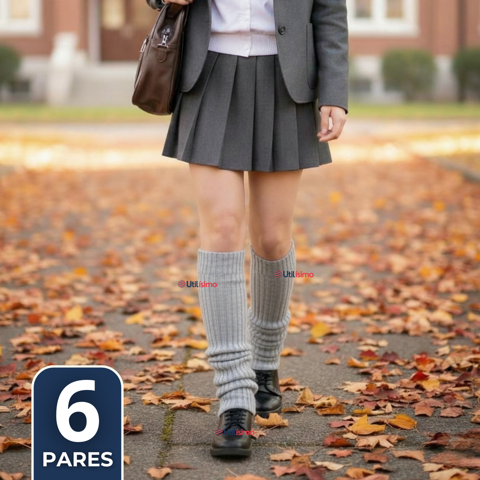 Pack 6 Polainas Escolares Invierno Abrigadoras Niña Gris Acrílico