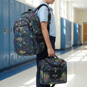 Mochila Escolar + Estuche + Lonchera 45cm Tela Oxford Estampado de Dinosaurio Niño