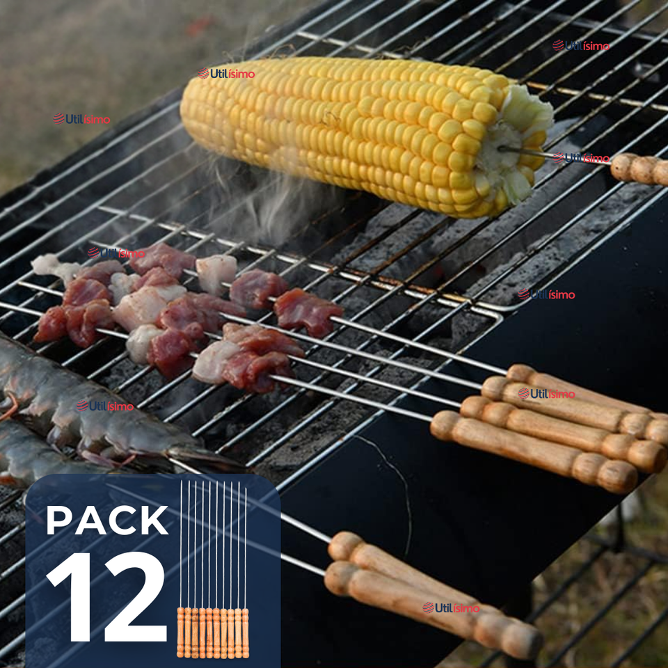 Pack 12 Pinchos De 30cm Para Anticuchos Brochetas Asados Mango De Madera