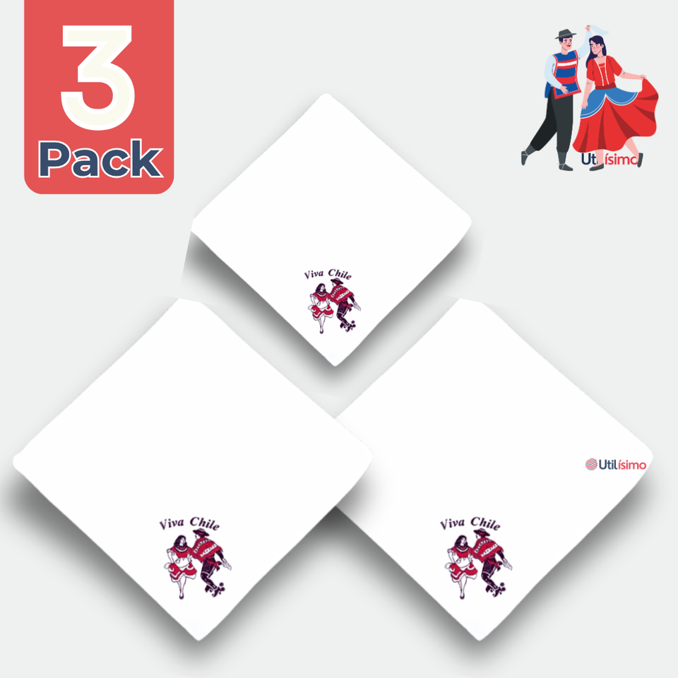 Pack 3 Pañuelos Baile Cueca 36 CM Bordado Pareja Baile Fiestas Patrias