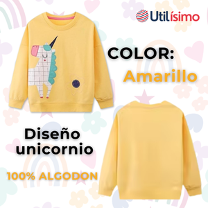 Polerón Algodón Cuello Redondo Niña Amarillo Unicornio