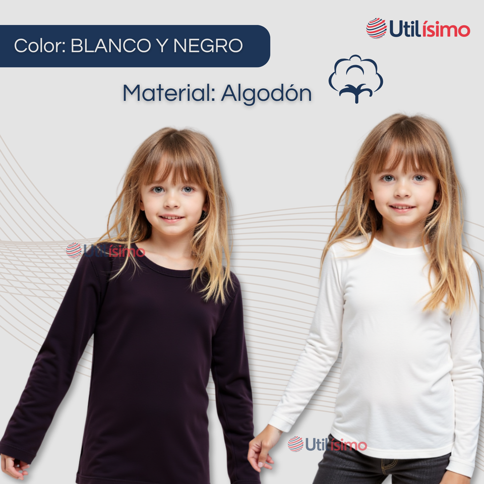 Pack 3 Camisetas Algodón Manga Larga Polera Niña Primera Capa Blanco y Negro