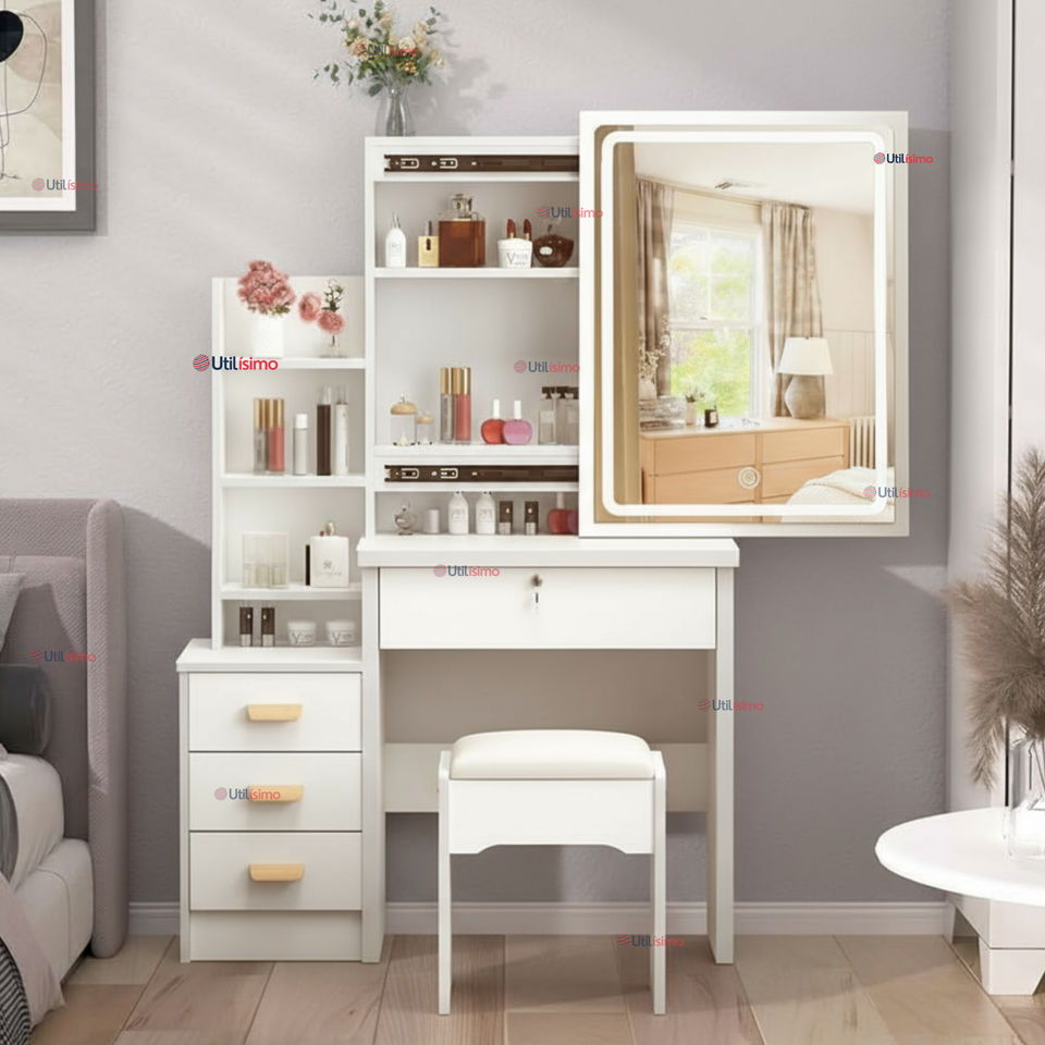 Tocador Y Taburete De Lujo Espejo Ajustable Con Luz Integrada 4 Cajones MDF Blanco 80x40x135cm