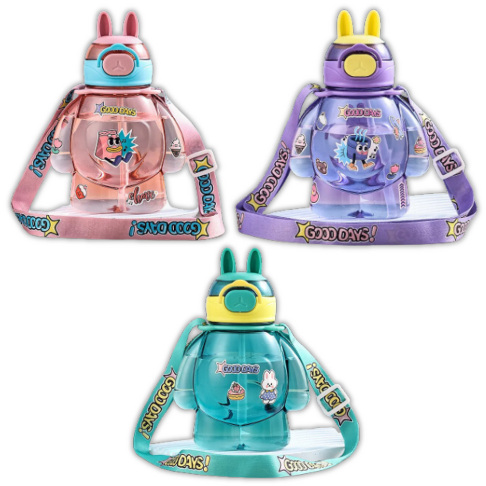 Botella Plástica 650ML Con Correa Y Orejitas Estilo Kawai Sin BPA Niños