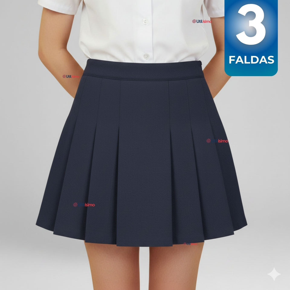 Pack 3 Faldas Escolar Color Azul Uniforme Para Niñas