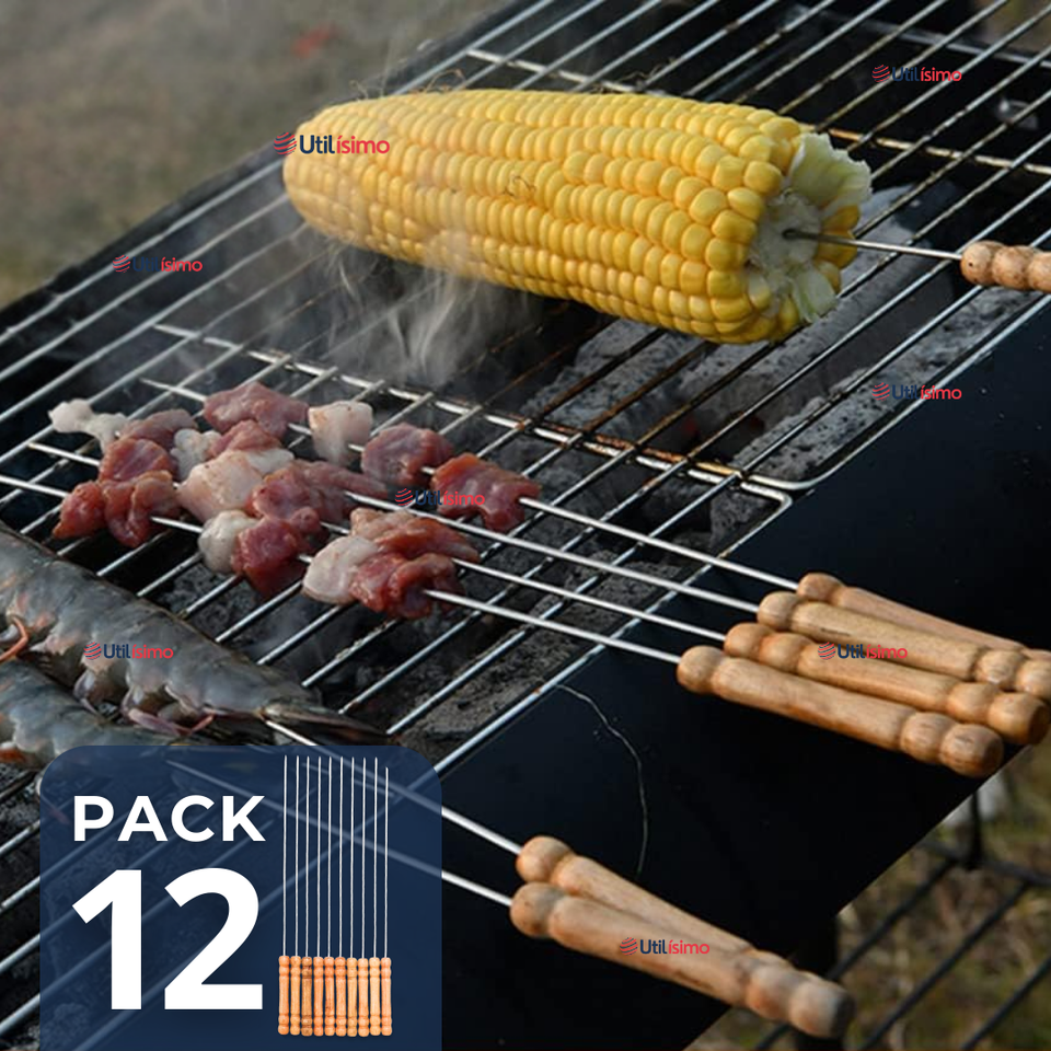 Pack 12 Pinchos De 40cm Para Anticuchos Brochetas Asados Mango De Madera