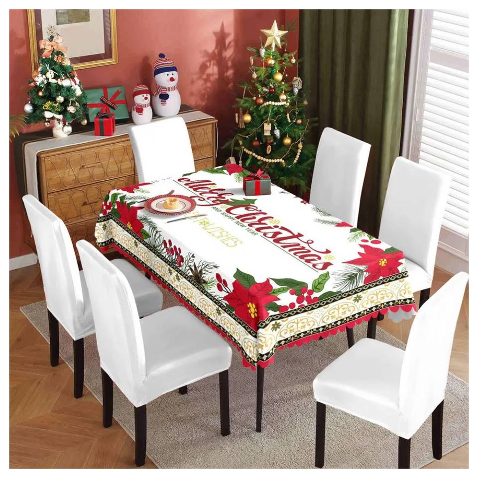 Mantel Navidad Merry Christmas Flores Rojas Poliéster 137x140cm