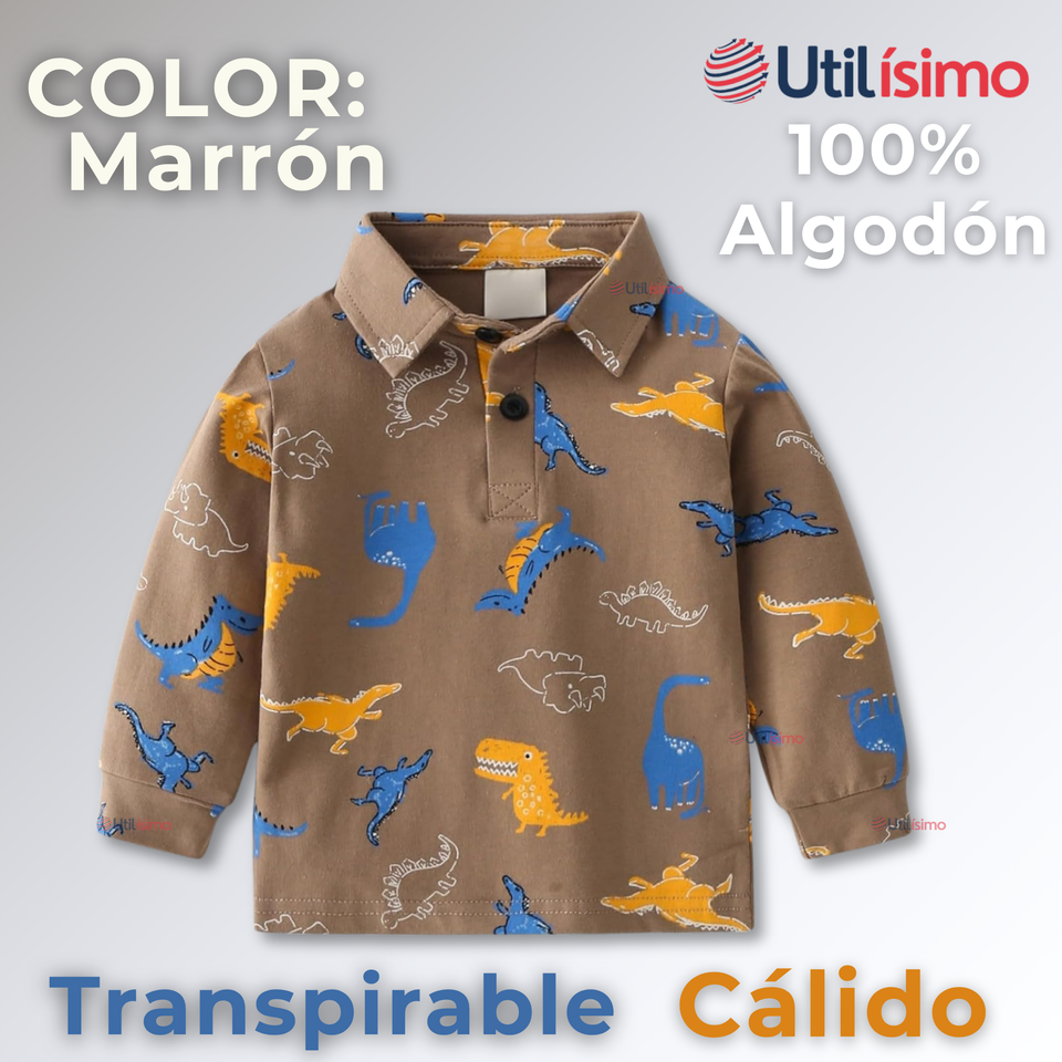 Polera Piqué Manga Larga Niño con Estampado de Dinosaurios Marrón