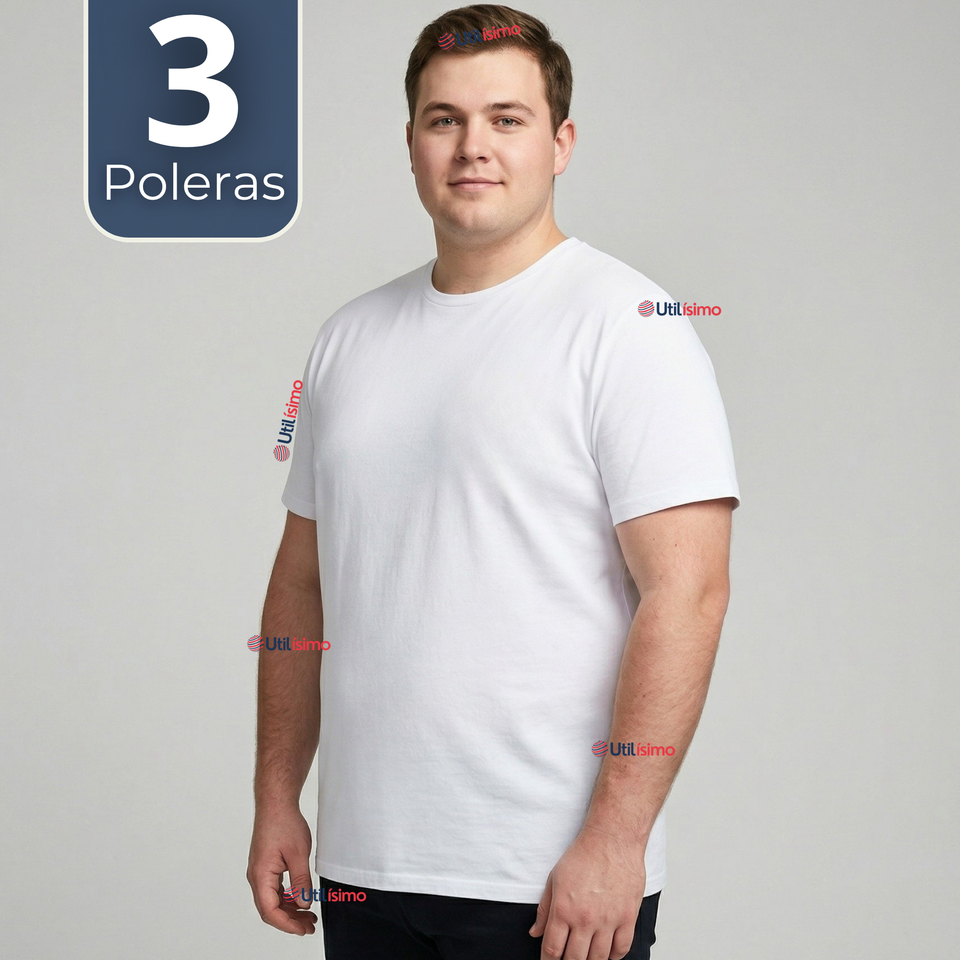 Pack 3 Camisetas Poleras Algodón Primera Capa Manga Corta Blanco Hombre