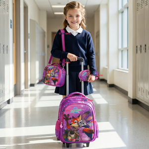 Mochila Escolar Con Ruedas + Estuche + Lonchera 46cm Desmontable Poliéster Fucsia Zootopia Niña