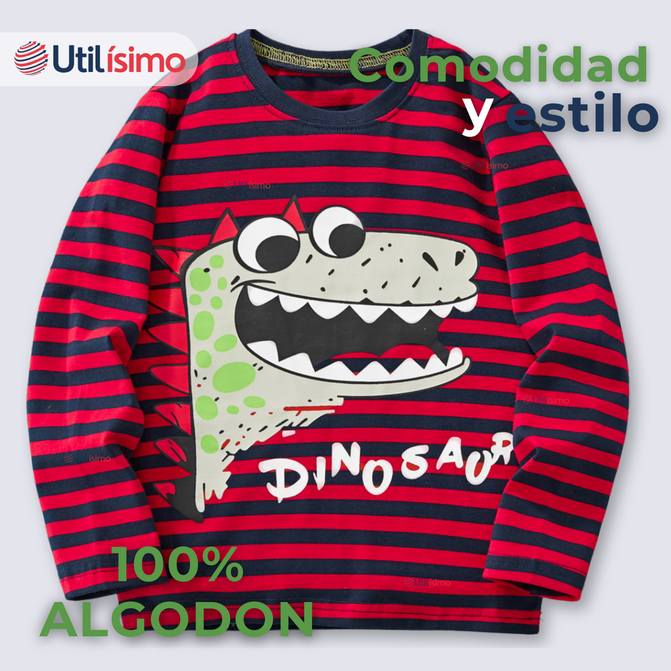 Polera Manga Larga Niño 100% Algodón Dinosaurio Rojo Camiseta