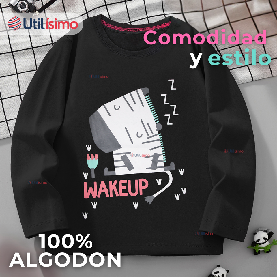 Polera Manga Larga Niña 100% Algodón Zebra Negro Camiseta
