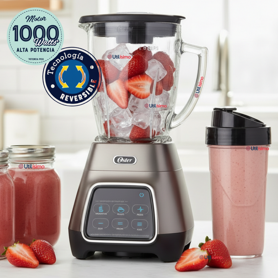 Licuadora Oster® programas automáticos con tecnología reversible, pantalla táctil y vaso BLend-N-Go BLSTPYG1312XBG