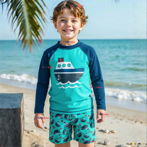 Traje de Baño Manga Larga Pantalón Corto 2 Piezas Corte Split Niño 3 a 9 años Blue Boat