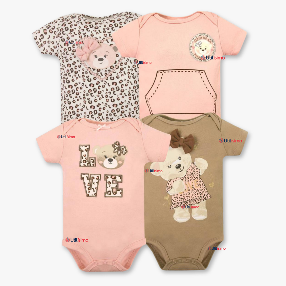 Pack 4 Bodys Niña Manga Corta Tedmimak 100% Algodón Baby Bear