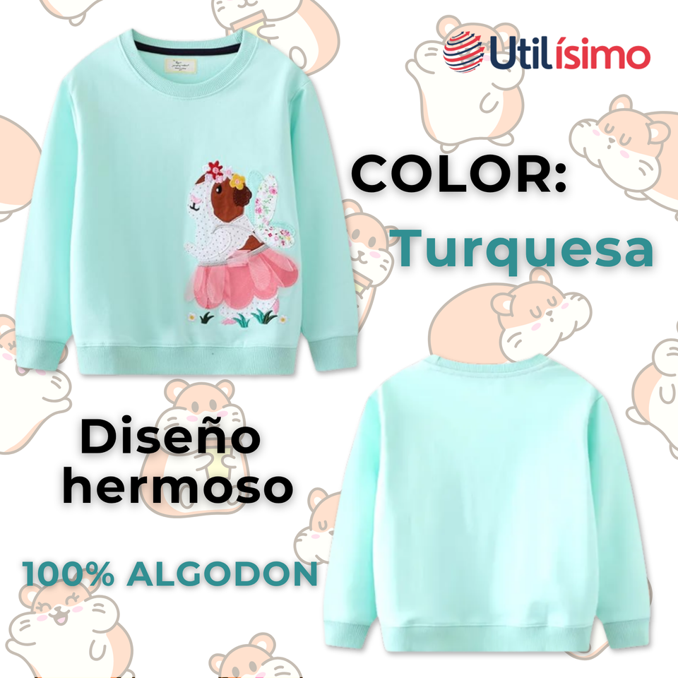 Polerón Algodón Cuello Redondo Niña Turquesa Hámster